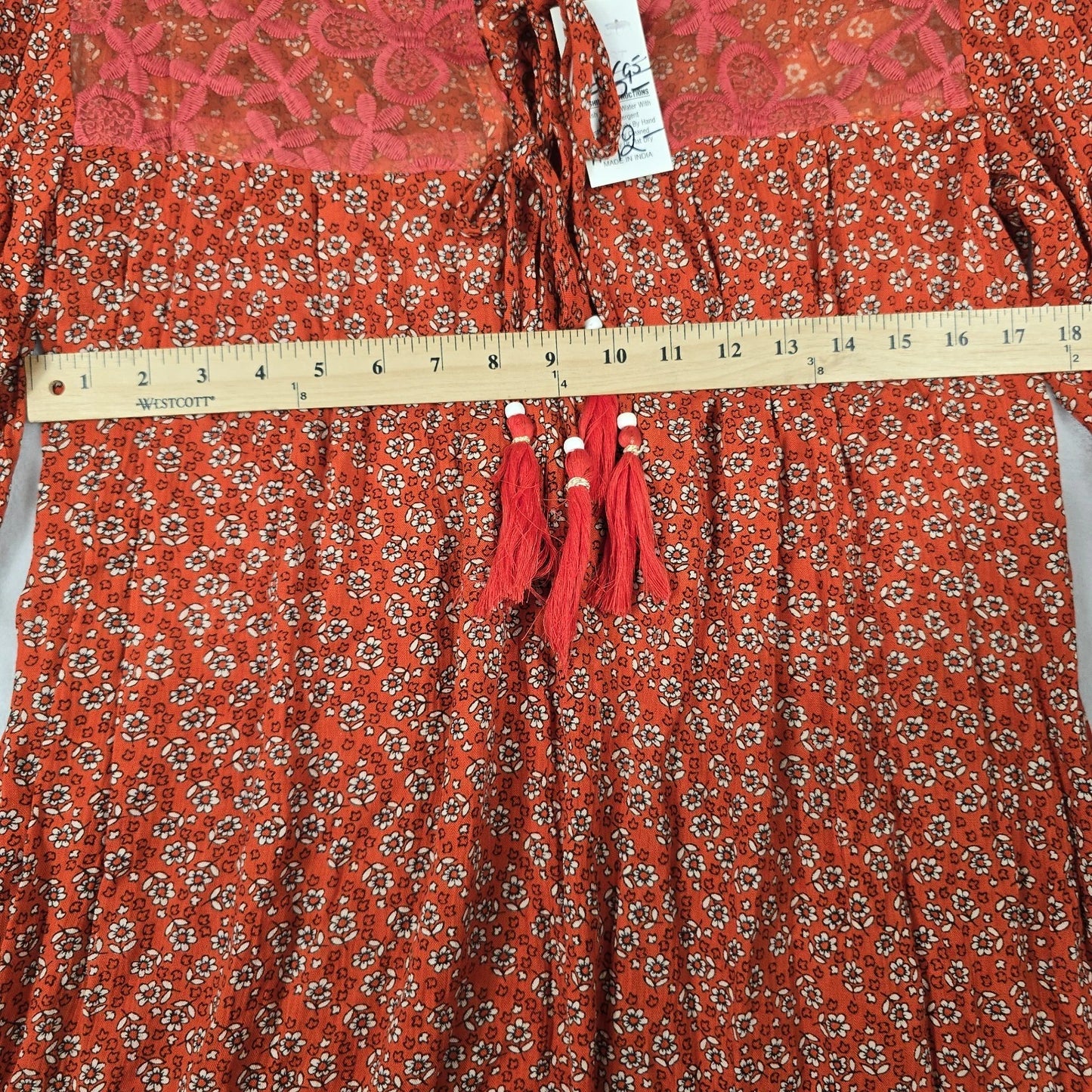 Floral Tassel Long Sleeve Blouse Orange Size Large