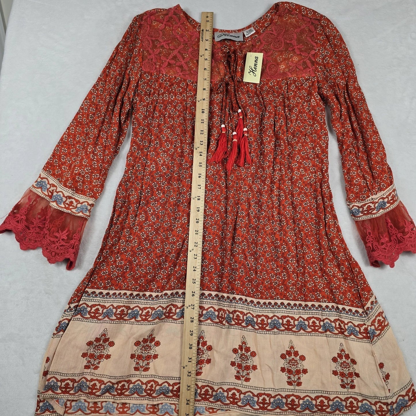 Floral Tassel Long Sleeve Blouse Orange Size Large