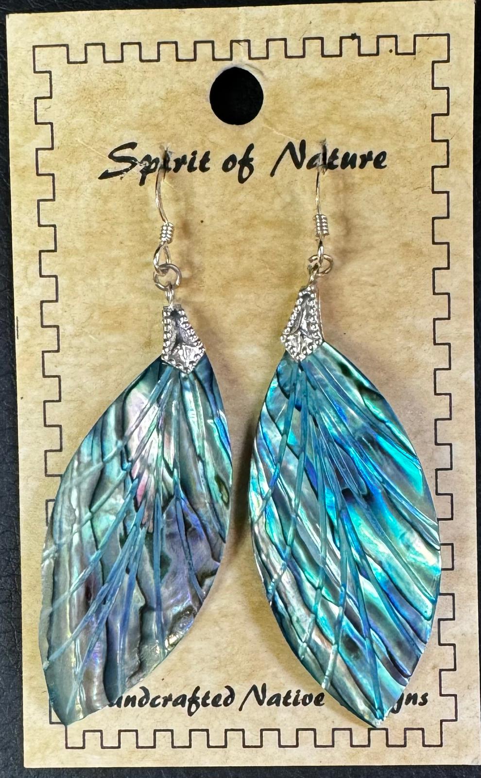 Iridescent Blue Peacock Feather Leaf Sterling Silver Earrings