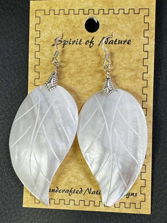 White / Pearl Reflective Leaf Shaped Spirit of Nature Earrings