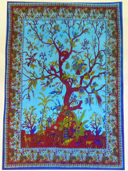 Tree of Life Birds Blue Background Mini Tapestry 42x30