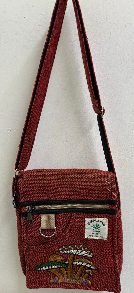 Rich Red Dyed Embroidered Mushrooms Himalayan Hemp Shoulder Bag