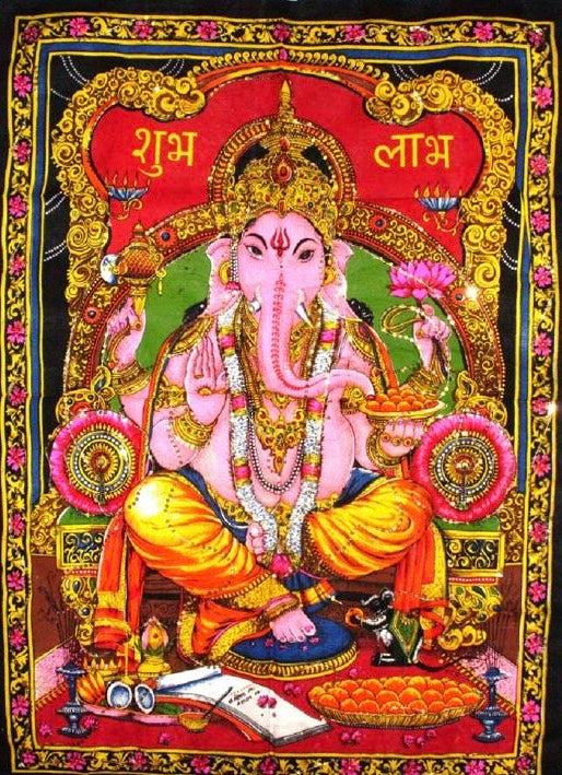 Ganesha Vibrant Spiritual Fabric Tapestry Poster Sequins