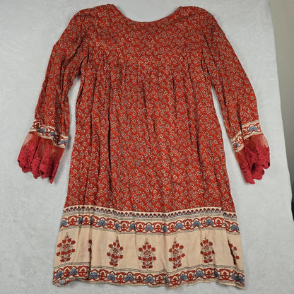 Floral Tassel Long Sleeve Blouse Orange Size Large